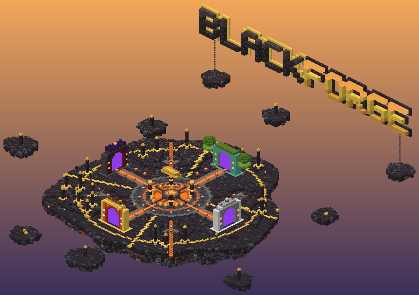 The BlackForge hub: a floating forge island with portals to every game mode